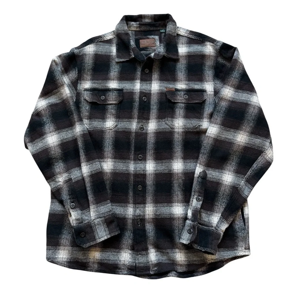 Orvis Mens Plaid Flannel Shirt Jacket L Brown Beige Plaid Overshirt Gorp Outdoor